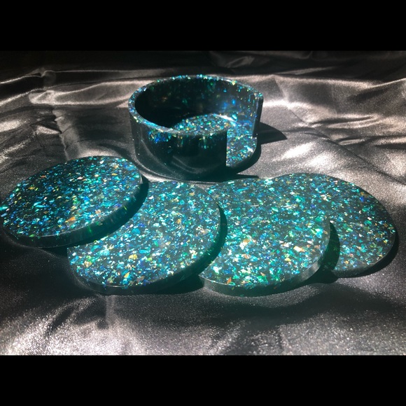 DISCOUNTED Rainbow Holographic Glitter Coaster Set With Matching Holder - Picture 3 of 17